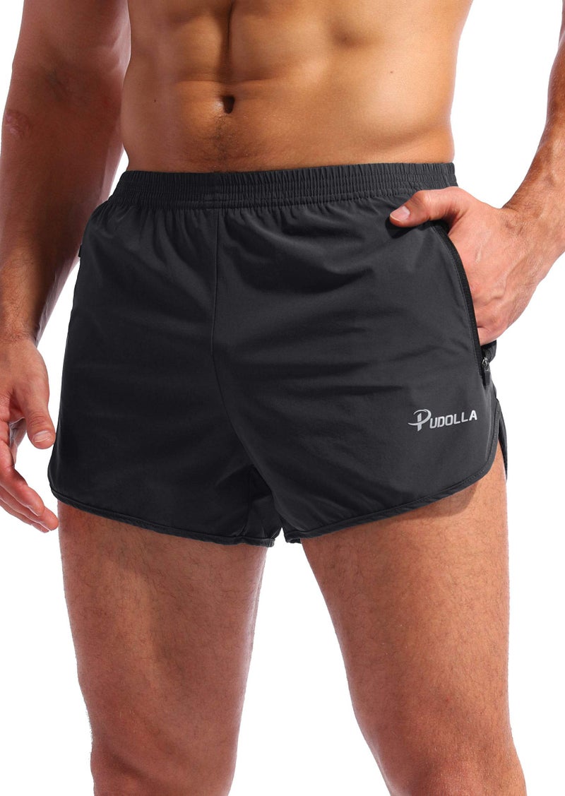 Pudolla Menâ€™s Running Shorts 3 Inch Quick Dry Gym Athletic Workout Shorts for Men with Zipper Pockets(Dark Grey Medium) - Image 1